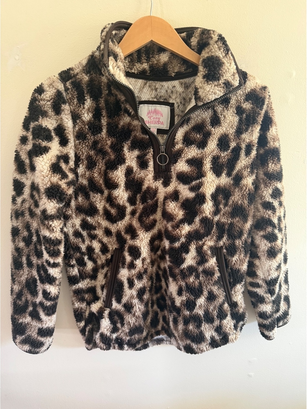 Cozy Sherpa Leopard Print quarter Zip Small
